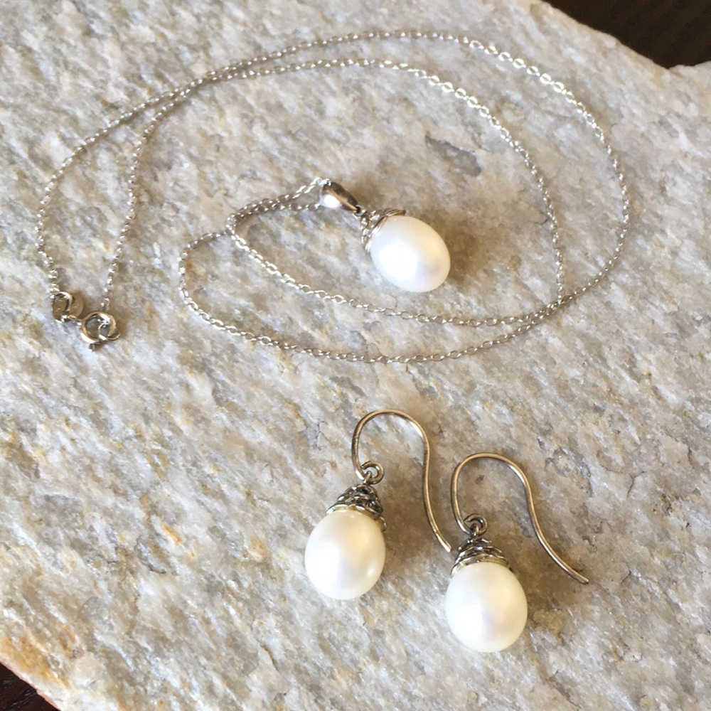 Sterling Silver Pearl Drop Necklace and Earrings Set - White